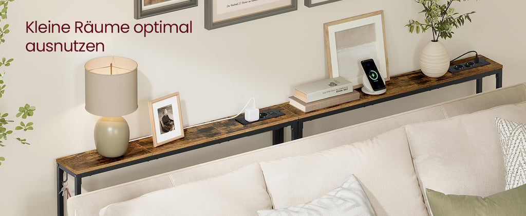 VASAGLE Console table, corridor table, narrow design, 15x100x80 cm, with charging station, Hook