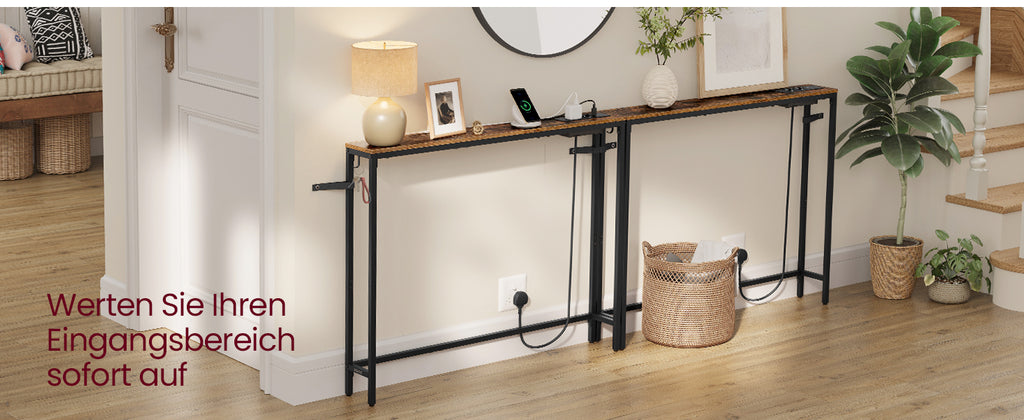 VASAGLE Console table, corridor table, narrow design, 15x100x80 cm, with charging station, Hook