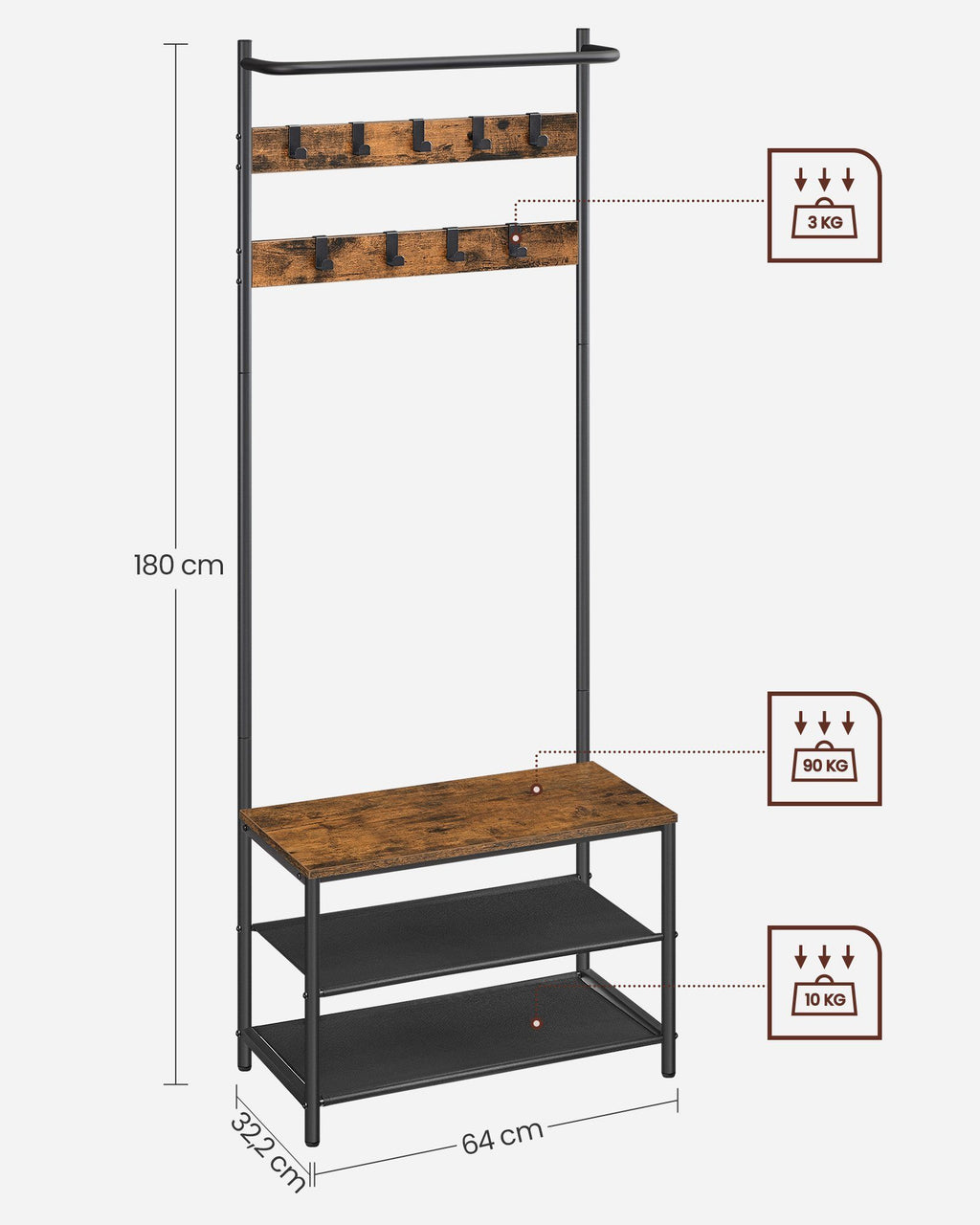 VASAGLE coat rack, wardrobe with shoe bench, dresses stand, dresses Rod, 9 removable hooks, 32.2X64x180 cm