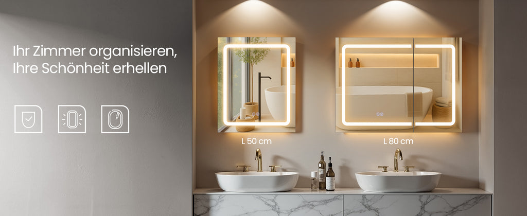 VASAGLE Wall cabinet with mirror and LED lighting, bathroom wardrobe with sockets strip