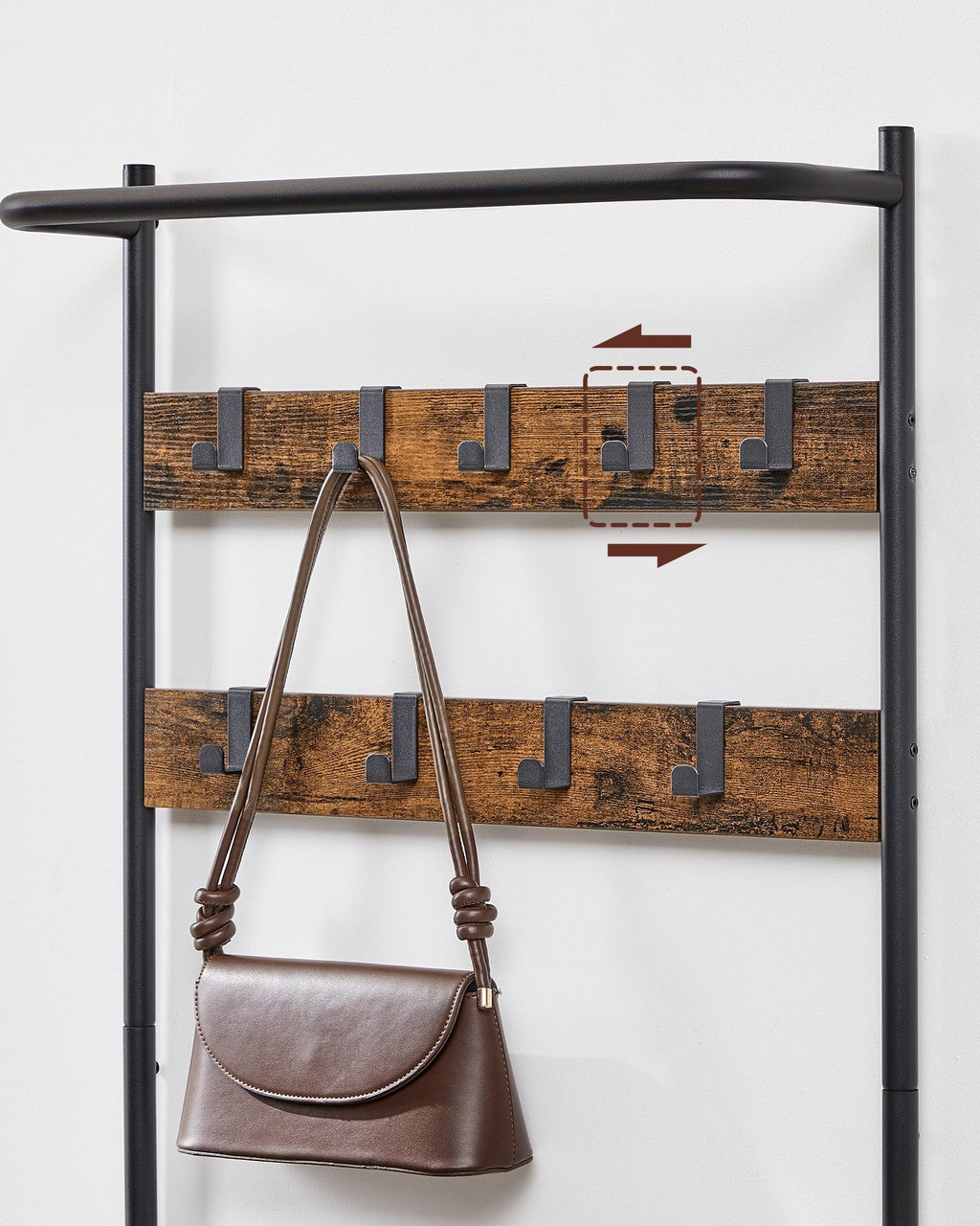 VASAGLE coat rack, wardrobe with shoe bench, dresses stand, dresses Rod, 9 removable hooks, 32.2X64x180 cm