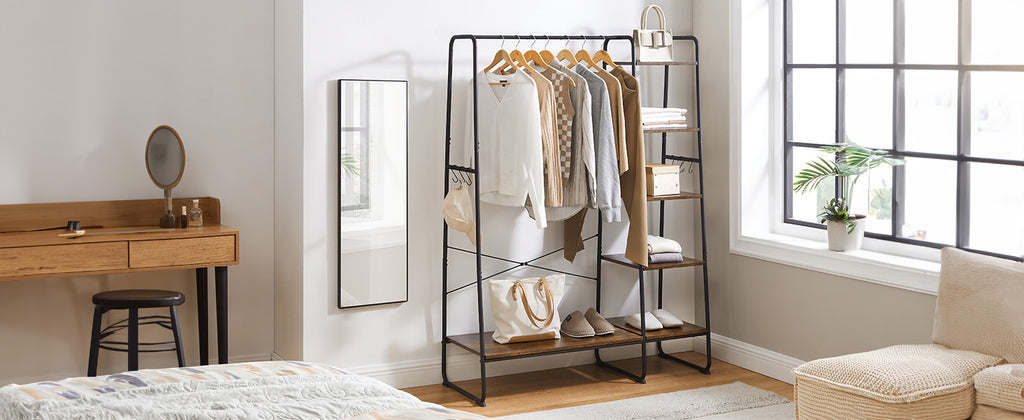 VASAGLE dresses stand, with dresses Rod, shoe shelf, 6 removable hooks