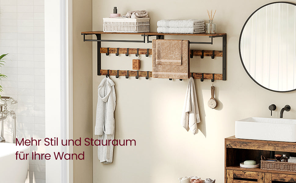 VASAGLE Wall wardrobe with Wall Shelf with 10 Removable Hooks Wall Mounted 2 Cloakroom Lits