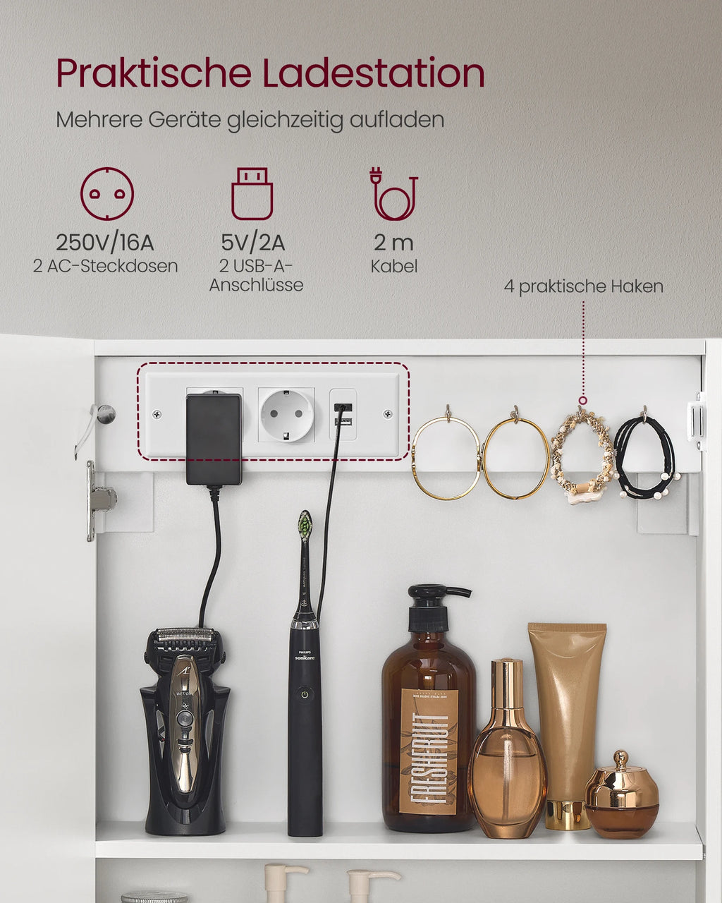 VASAGLE Wall cabinet with mirror and LED lighting, bathroom wardrobe with sockets strip