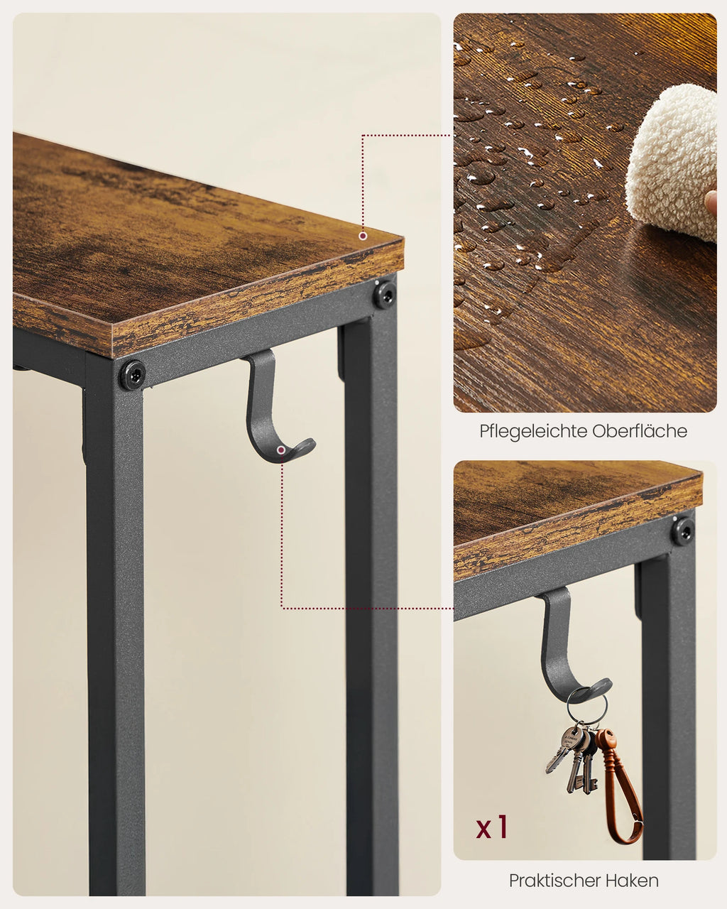 VASAGLE Console table, corridor table, narrow design, 15x100x80 cm, with charging station, Hook