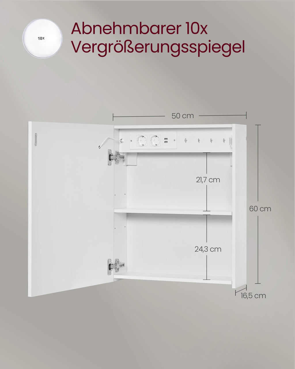VASAGLE Wall cabinet with mirror and LED lighting, bathroom wardrobe with sockets strip