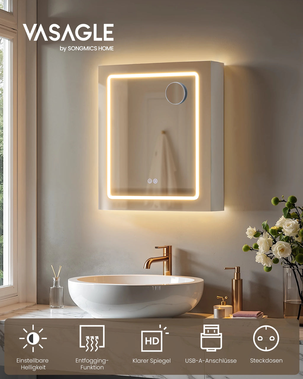 VASAGLE Wall cabinet with mirror and LED lighting, bathroom wardrobe with sockets strip