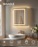 VASAGLE Wall cabinet with mirror and LED lighting, bathroom wardrobe with sockets strip