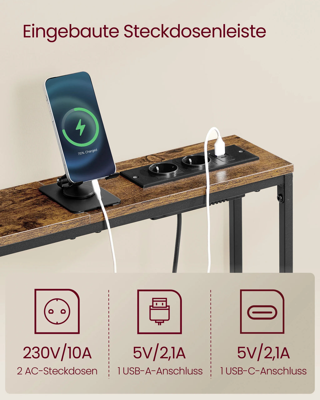 VASAGLE Console table, corridor table, narrow design, 15x100x80 cm, with charging station, Hook