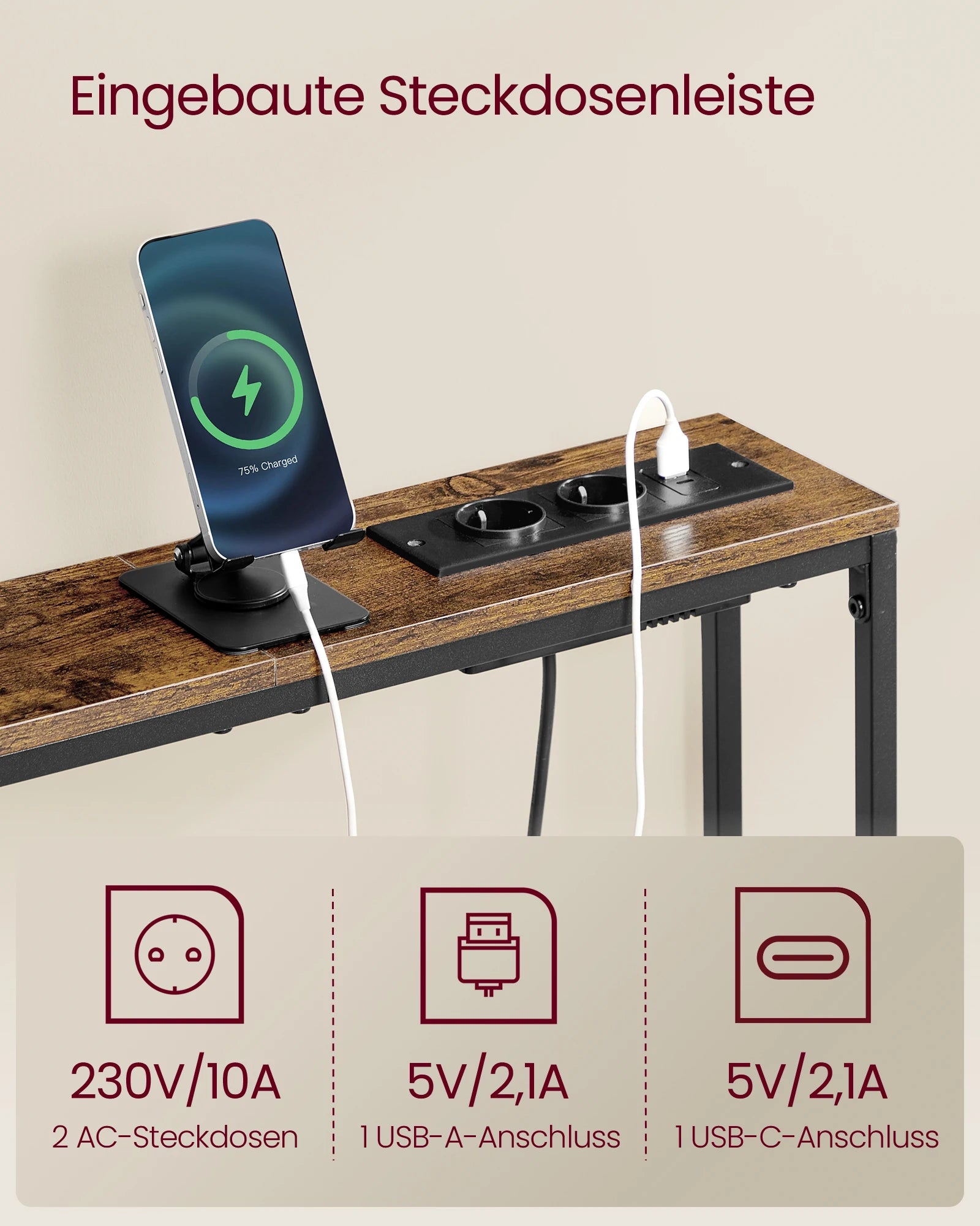 VASAGLE Console table, corridor table, narrow design, 15x100x80 cm, with charging station, Hook