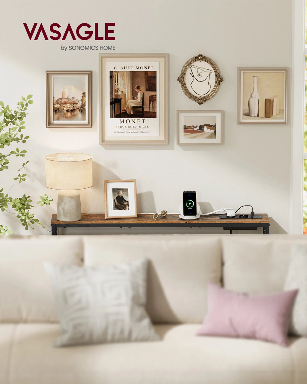 VASAGLE Console table, corridor table, narrow design, 15x100x80 cm, with charging station, Hook