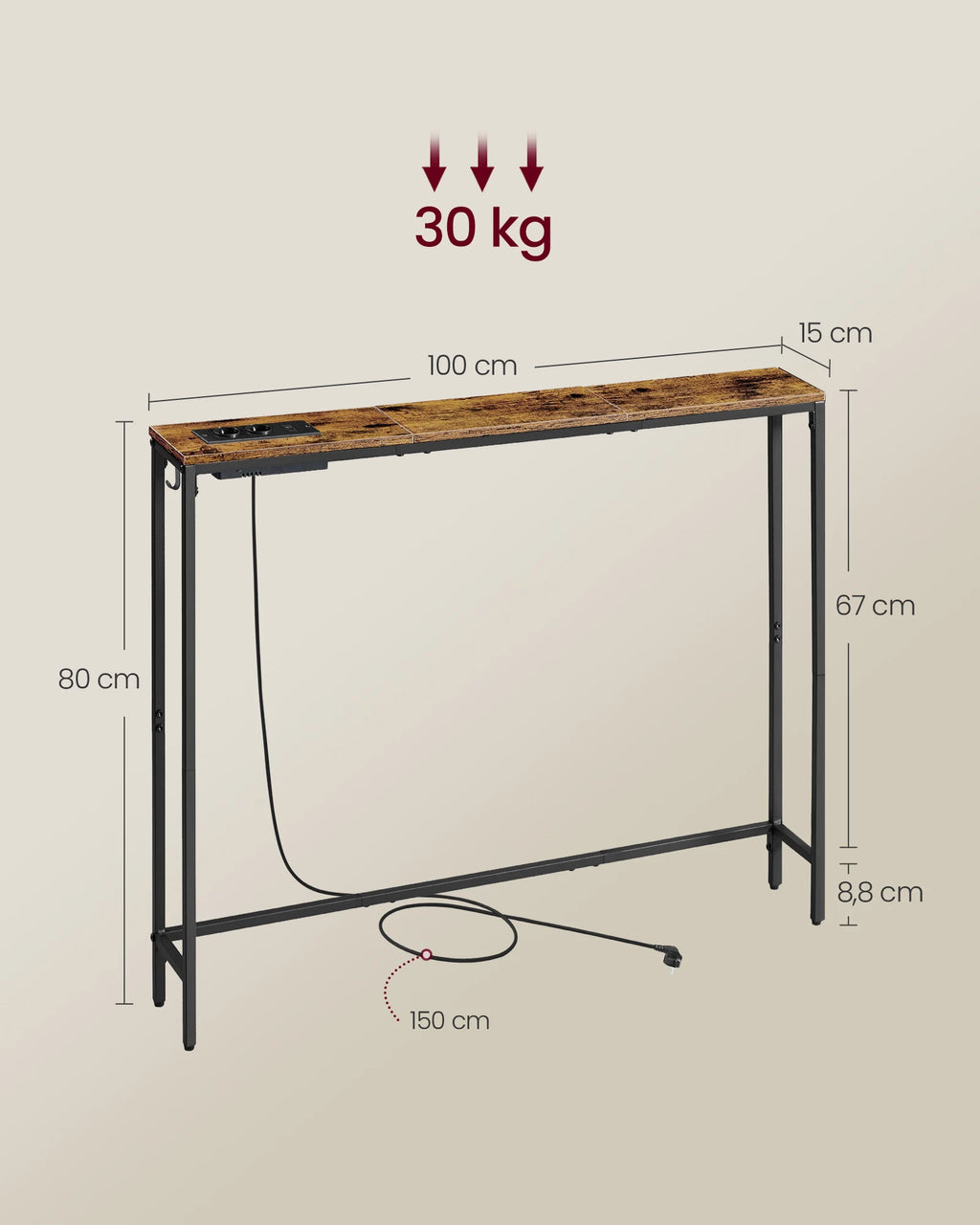 VASAGLE Console table, corridor table, narrow design, 15x100x80 cm, with charging station, Hook