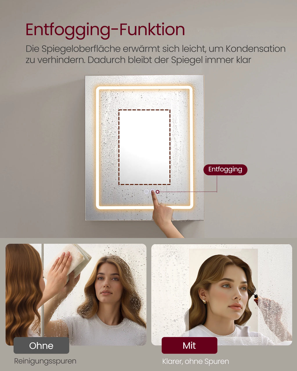 VASAGLE Wall cabinet with mirror and LED lighting, bathroom wardrobe with sockets strip