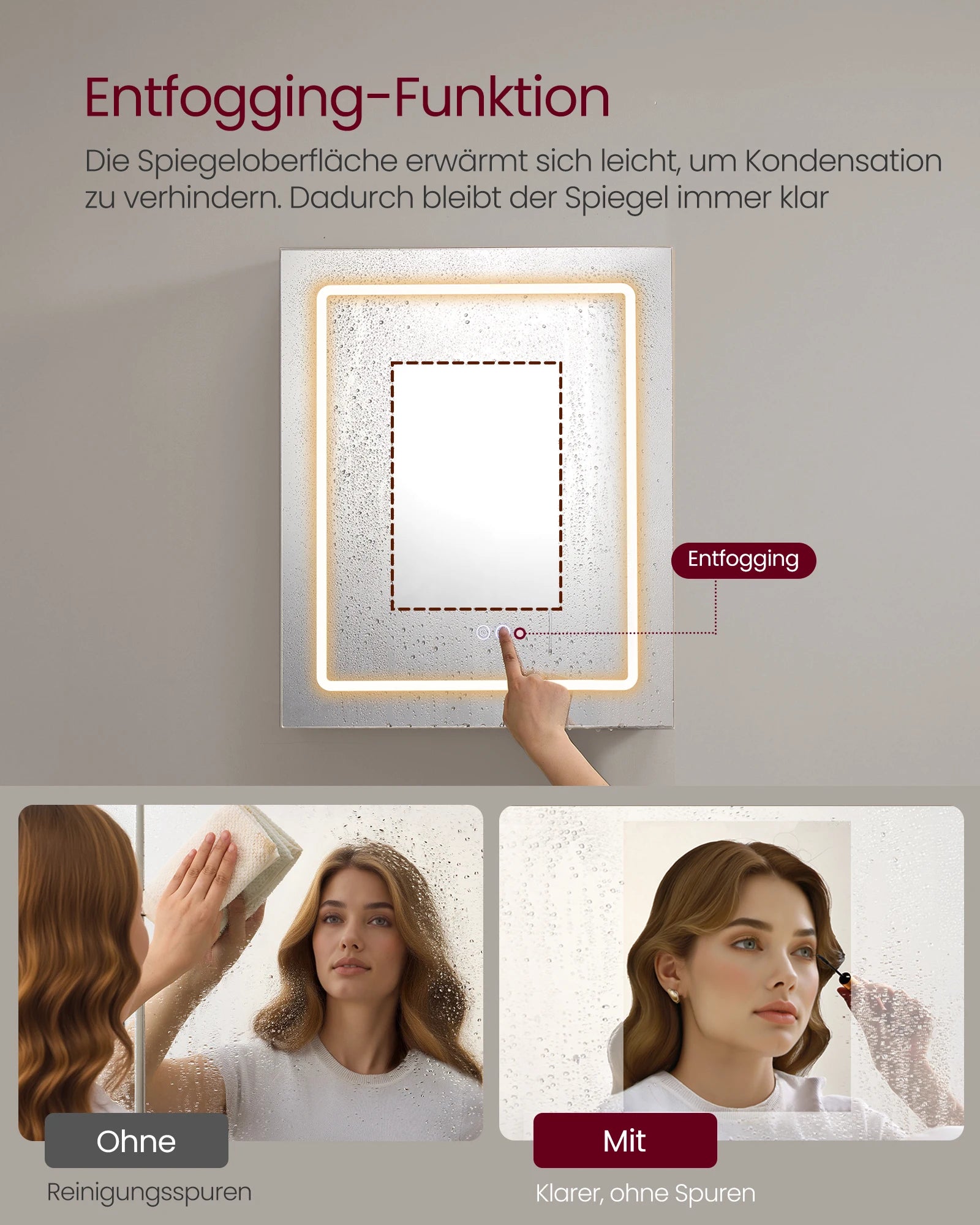 VASAGLE Wall cabinet with mirror and LED lighting, bathroom wardrobe with sockets strip