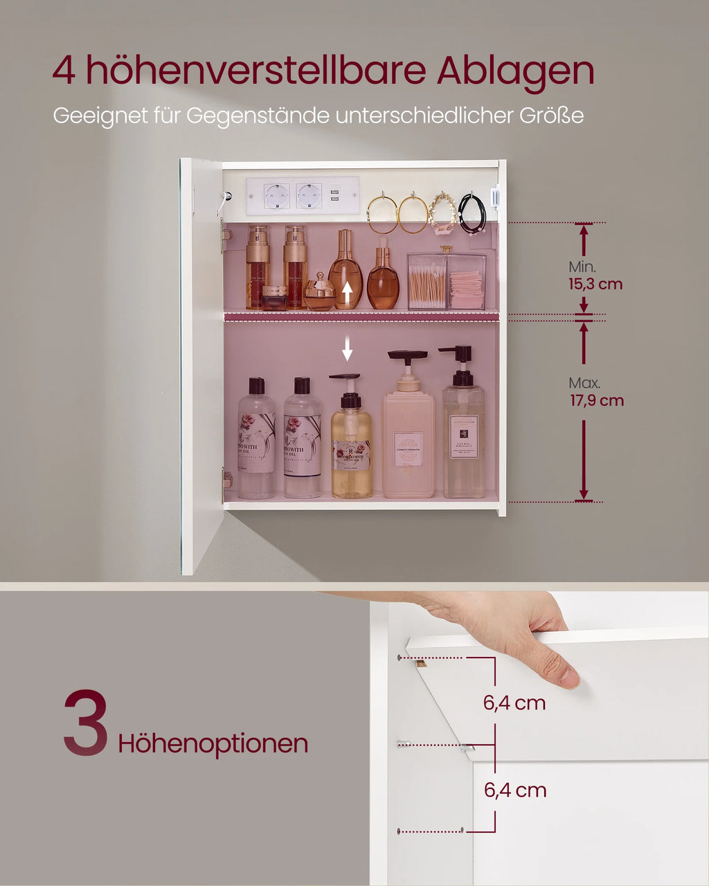 VASAGLE Wall cabinet with mirror and LED lighting, bathroom wardrobe with sockets strip