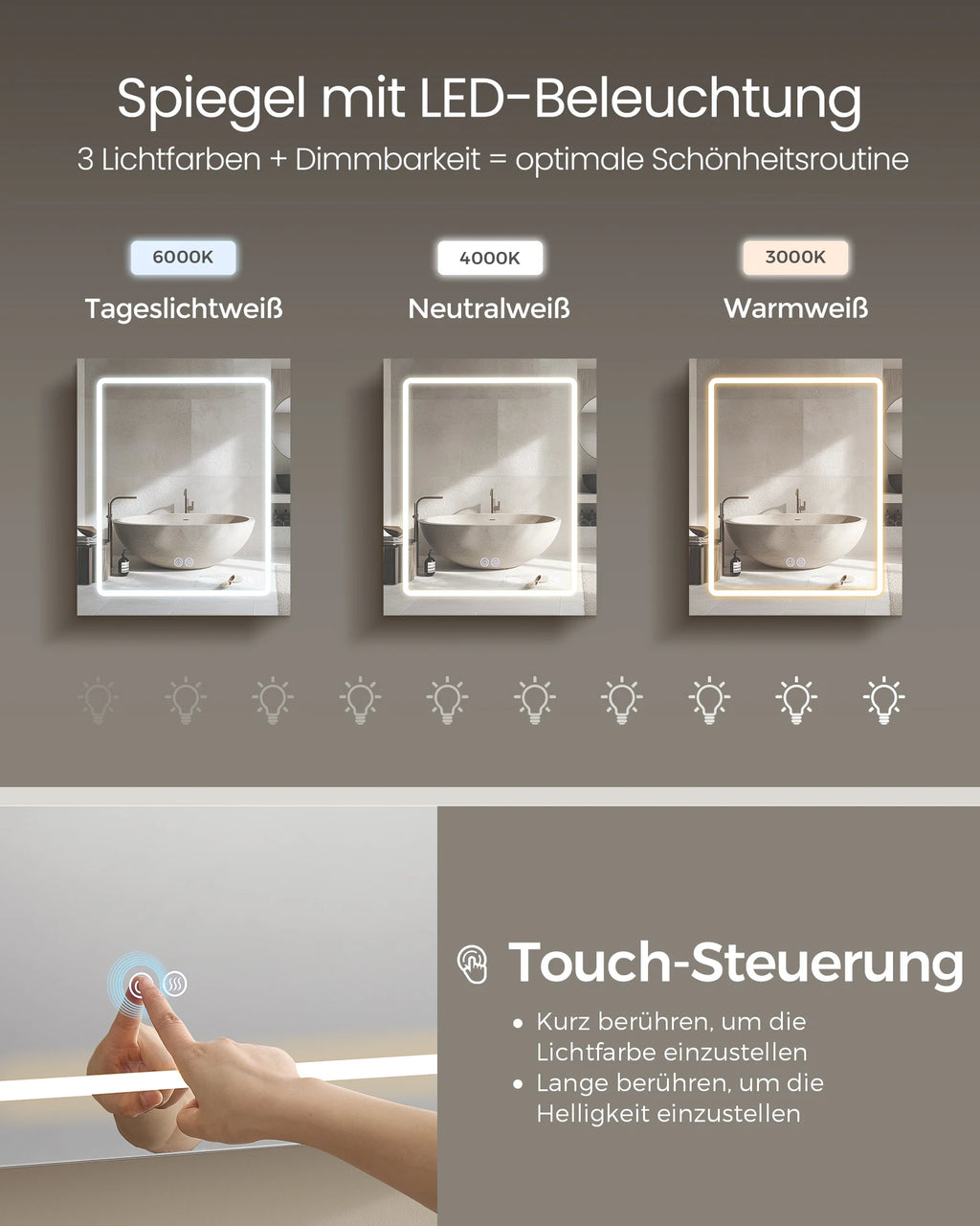 VASAGLE Wall cabinet with mirror and LED lighting, bathroom wardrobe with sockets strip