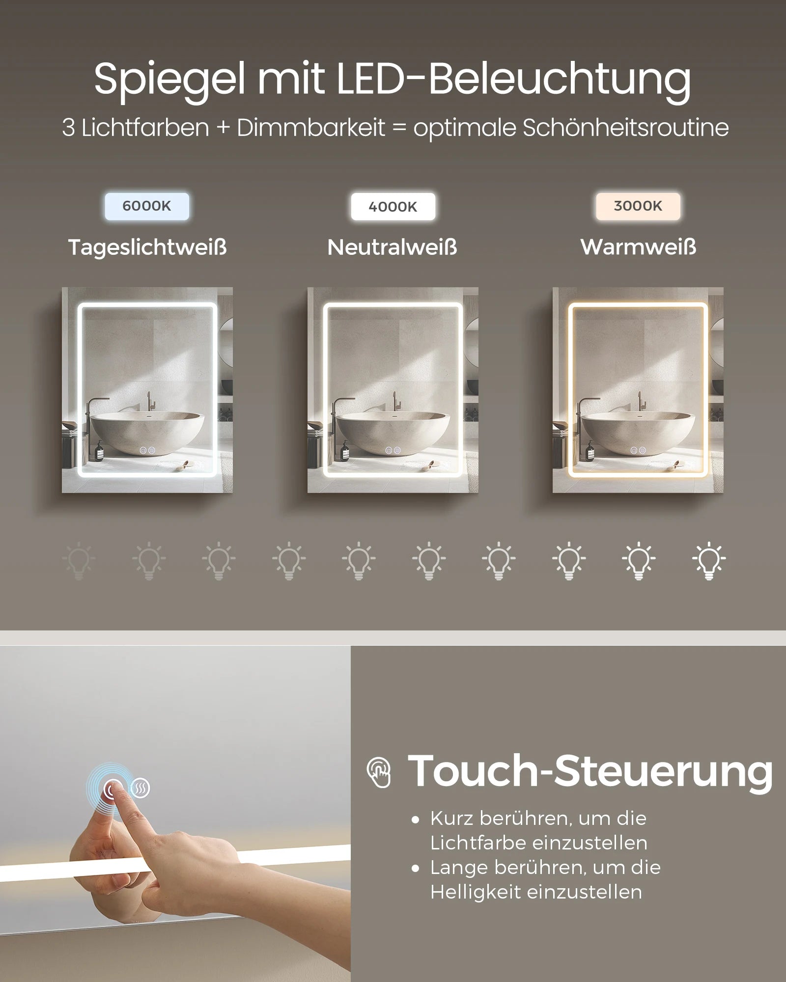 VASAGLE Wall cabinet with mirror and LED lighting, bathroom wardrobe with sockets strip