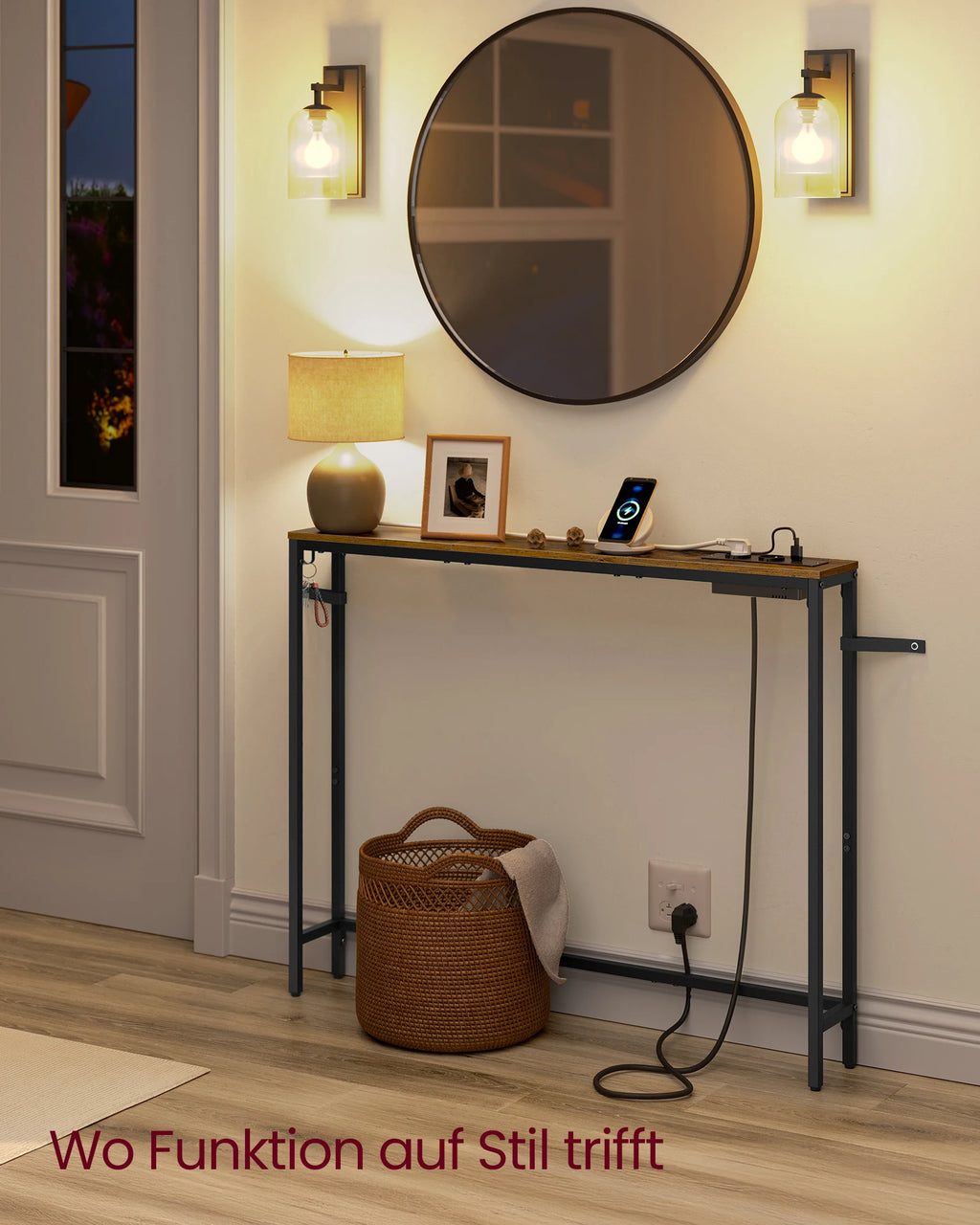 VASAGLE Console table, corridor table, narrow design, 15x100x80 cm, with charging station, Hook