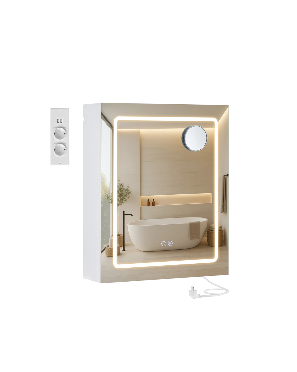 VASAGLE Wall cabinet with mirror and LED lighting, bathroom wardrobe with sockets strip