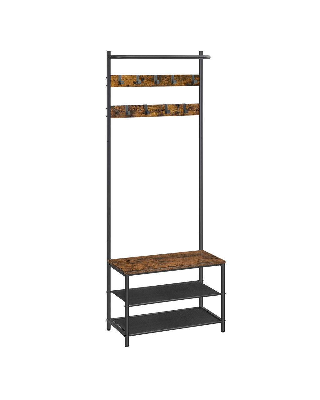 VASAGLE coat rack, wardrobe with shoe bench, dresses stand, dresses Rod, 9 removable hooks, 32.2X64x180 cm