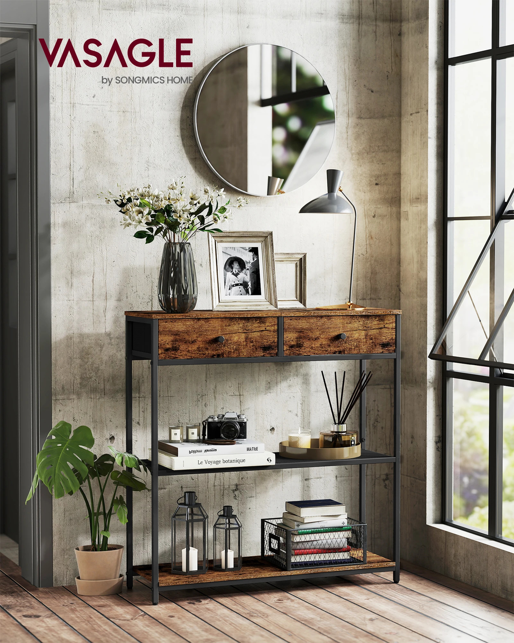 VASAGLE Console table, side table with 2 fabric drawers, hallway table, 24x76x80cm