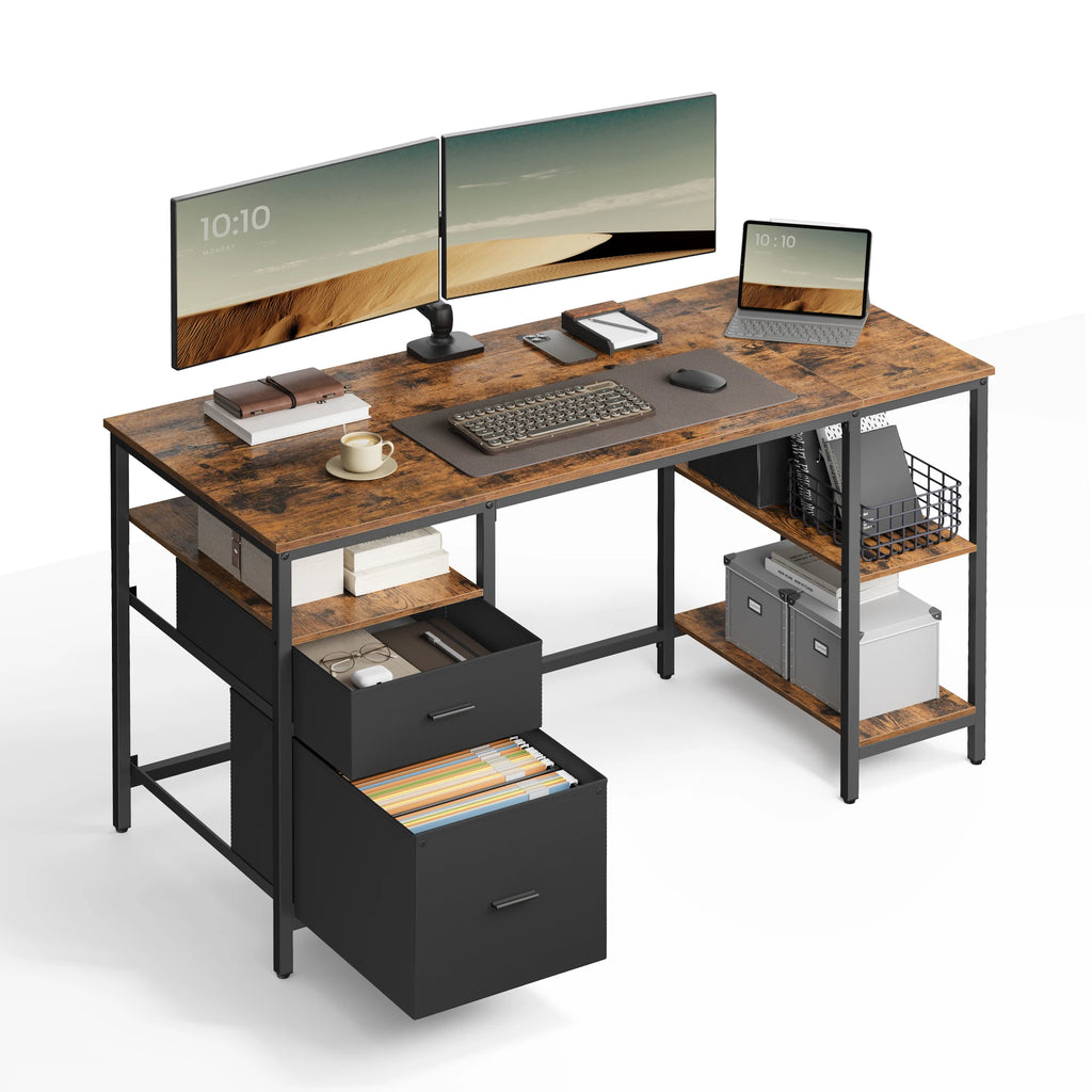 VASAGLE Computer table, office table, desk, with 3 shelves, 2 drawers, 60x140x76 cm, for office