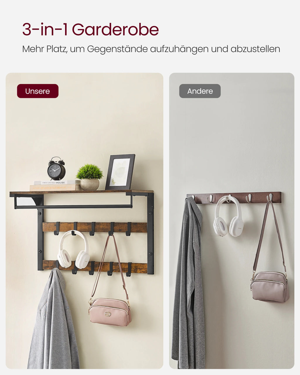 VASAGLE Wall wardrobe with Wall Shelf with 10 Removable Hooks Wall Mounted 2 Cloakroom Lits