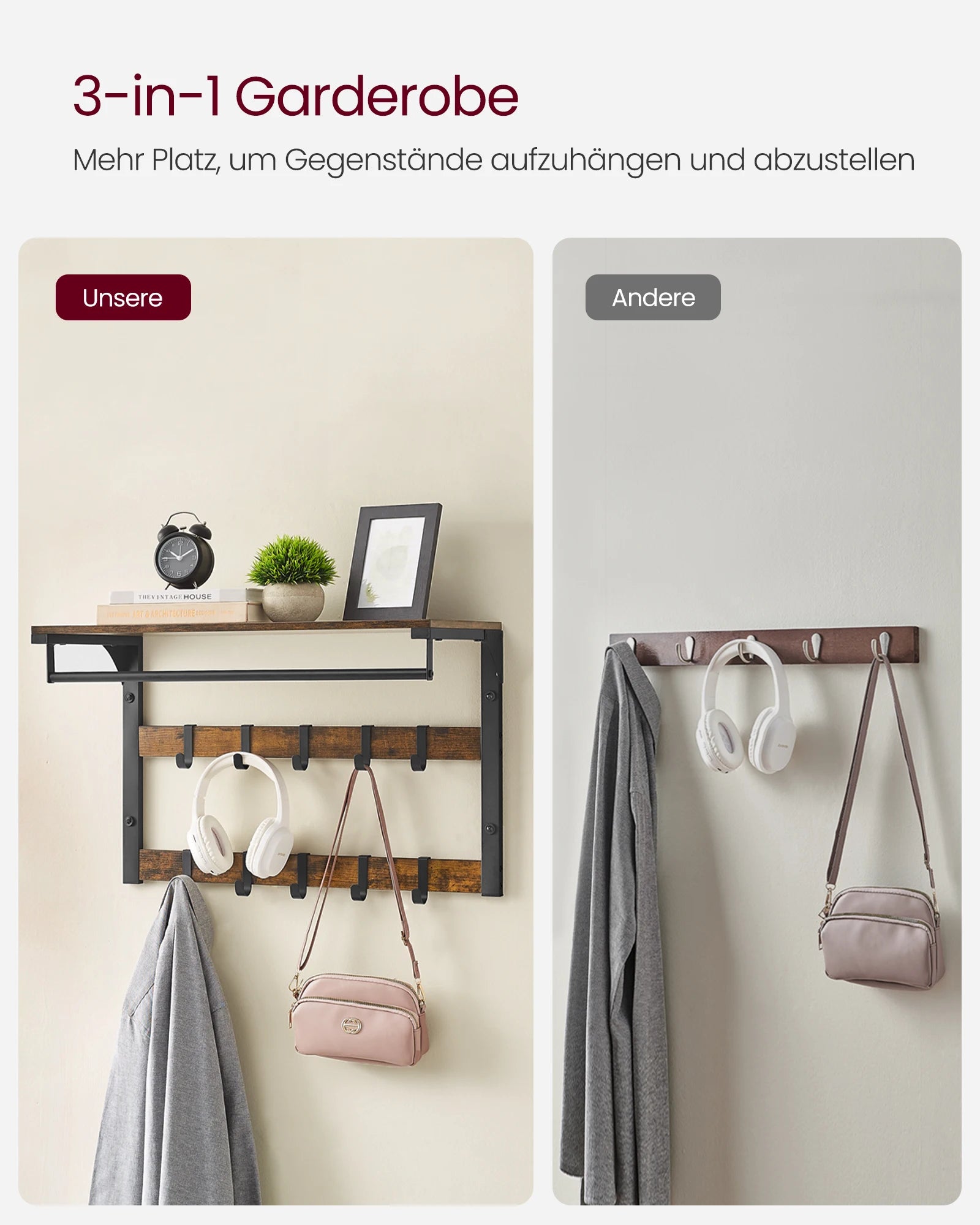 VASAGLE Wall wardrobe with Wall Shelf with 10 Removable Hooks Wall Mounted 2 Cloakroom Lits
