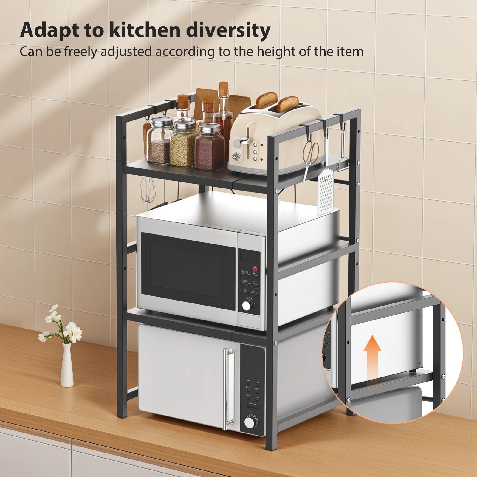 Kitchen Storage Rack Metal Condiment Organizer Shelf Expandable Microwave Shelf Height Adjustable