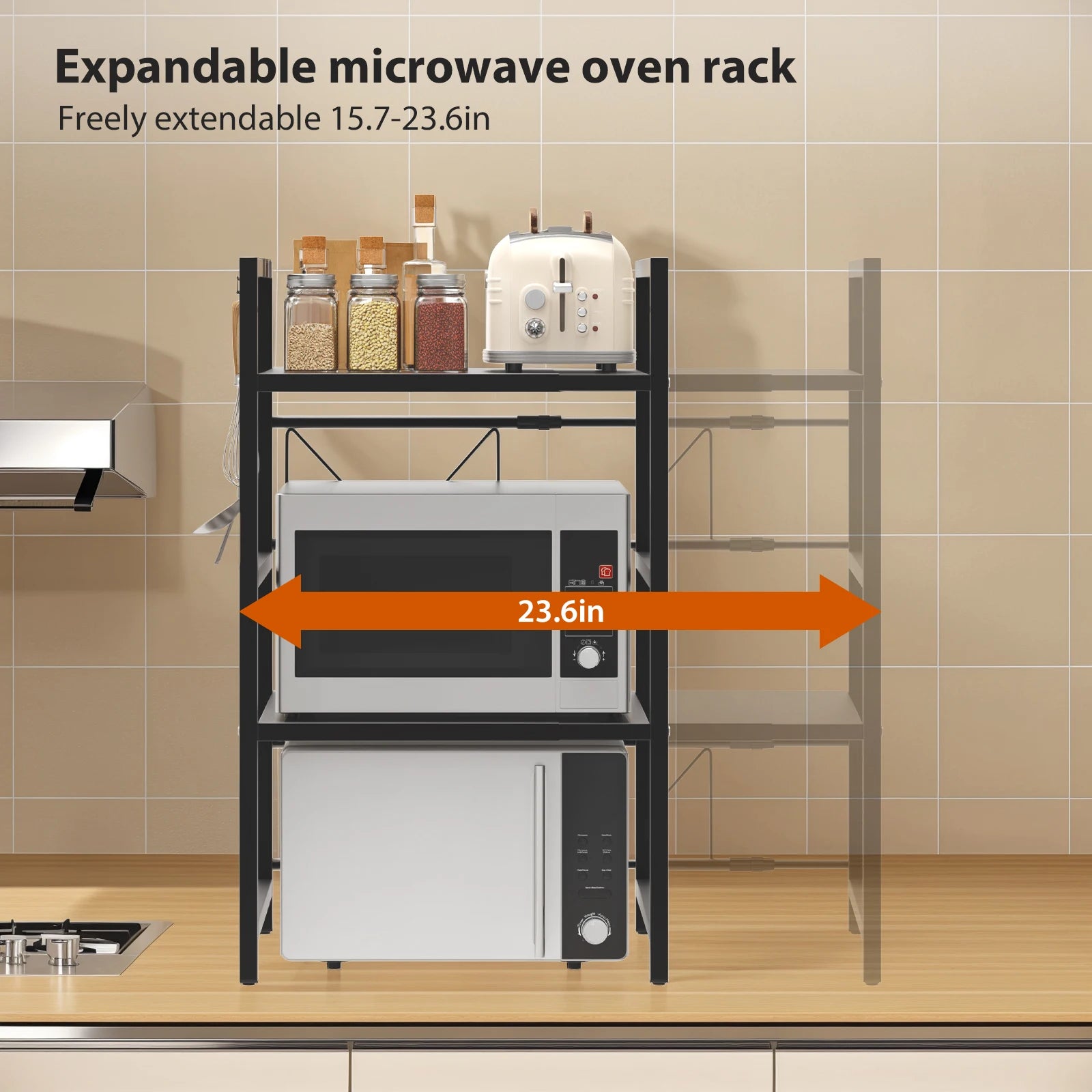 Kitchen Storage Rack Metal Condiment Organizer Shelf Expandable Microwave Shelf Height Adjustable
