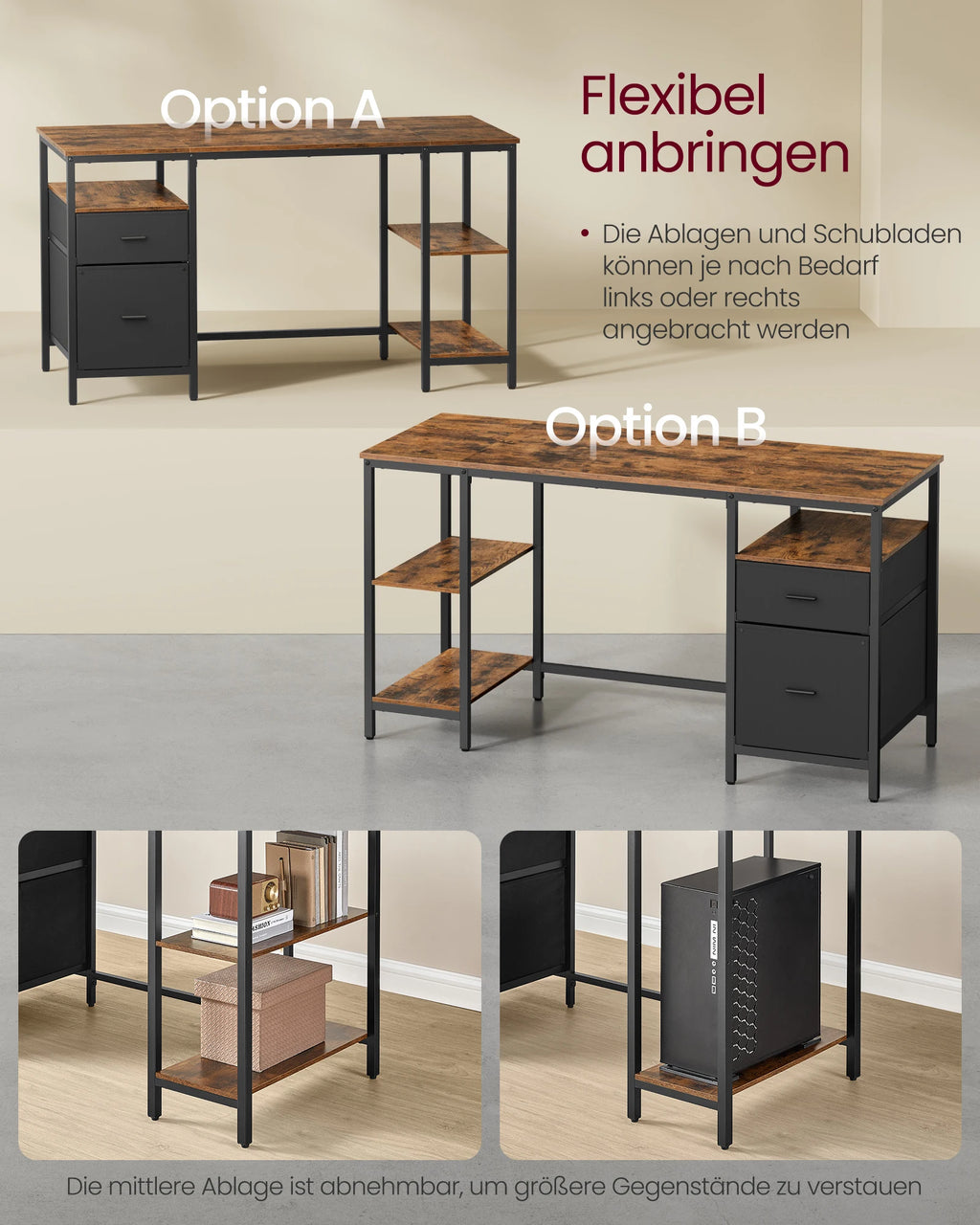 VASAGLE Computer table, office table, desk, with 3 shelves, 2 drawers, 60x140x76 cm, for office