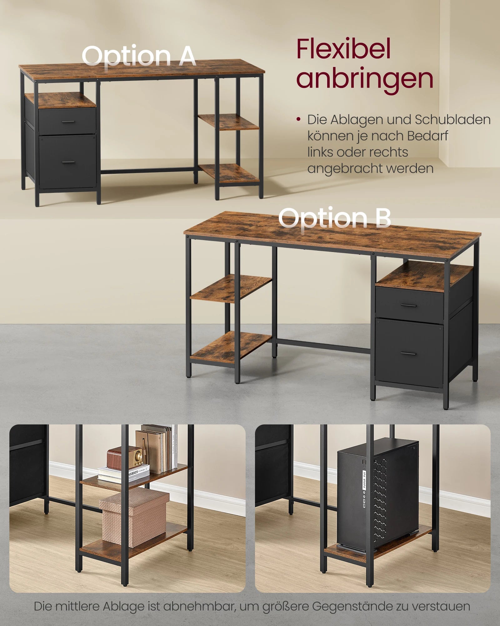 VASAGLE Computer table, office table, desk, with 3 shelves, 2 drawers, 60x140x76 cm, for office