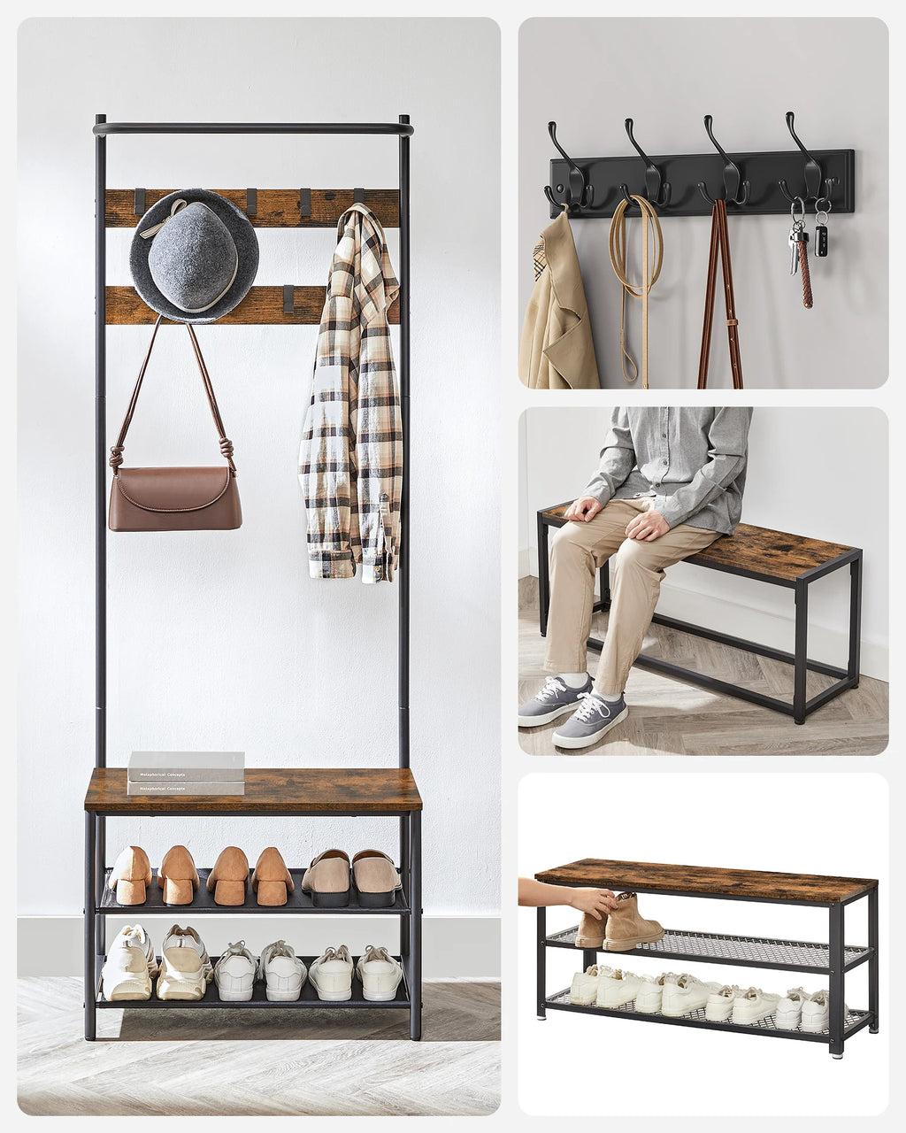 VASAGLE coat rack, wardrobe with shoe bench, dresses stand, dresses Rod, 9 removable hooks, 32.2X64x180 cm