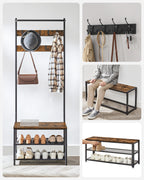 VASAGLE coat rack, wardrobe with shoe bench, dresses stand, dresses Rod, 9 removable hooks, 32.2X64x180 cm