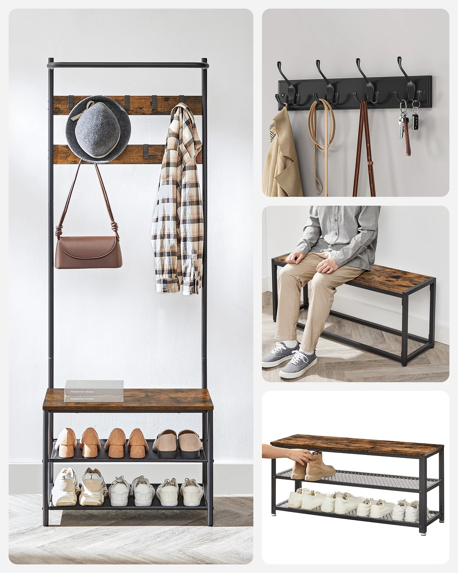 VASAGLE coat rack, wardrobe with shoe bench, dresses stand, dresses Rod, 9 removable hooks, 32.2X64x180 cm