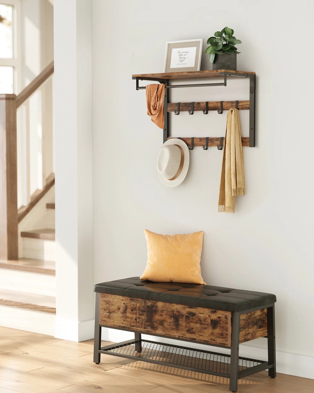 VASAGLE Wall wardrobe with Wall Shelf with 10 Removable Hooks Wall Mounted 2 Cloakroom Lits
