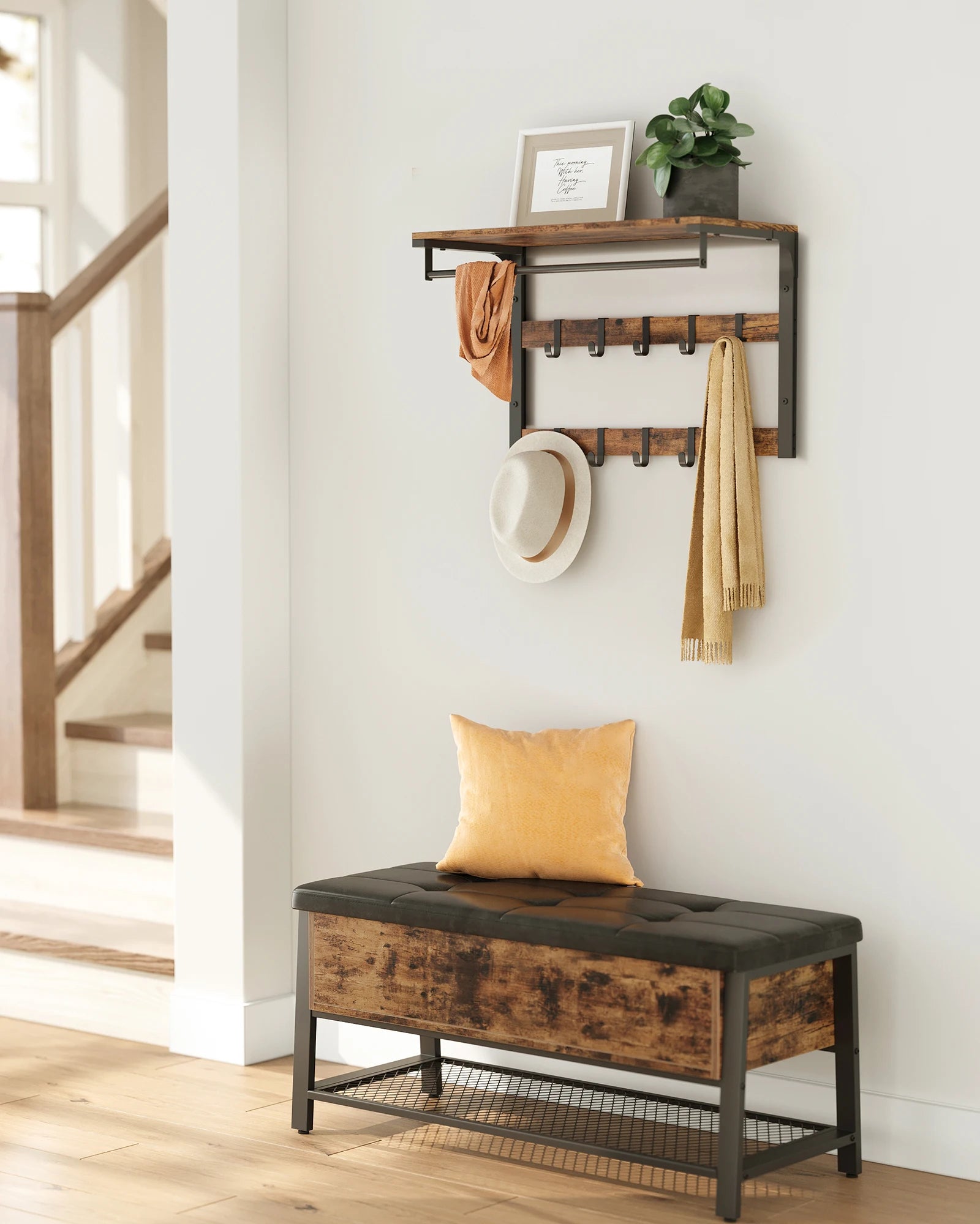 VASAGLE Wall wardrobe with Wall Shelf with 10 Removable Hooks Wall Mounted 2 Cloakroom Lits