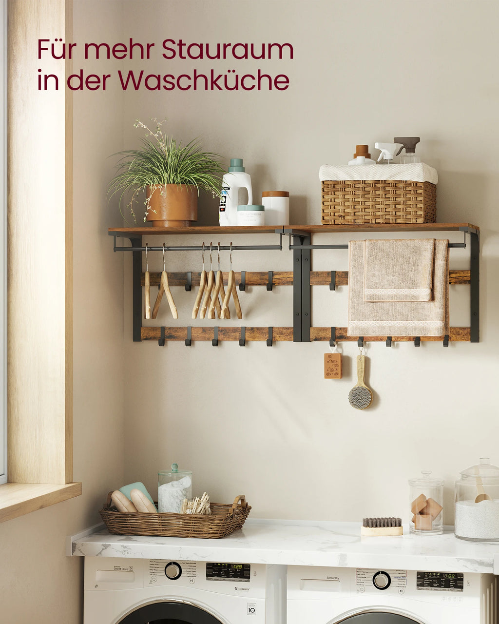 VASAGLE Wall wardrobe with Wall Shelf with 10 Removable Hooks Wall Mounted 2 Cloakroom Lits
