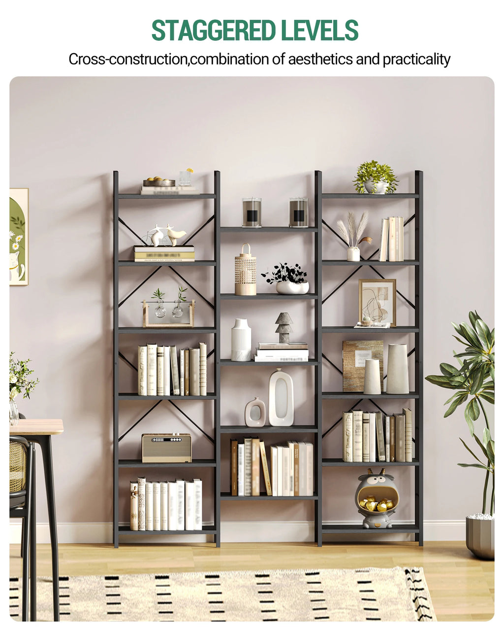 Bookcase, Standing Shelf with 17 Shelves, Adjustable Spacing, Book Shelf with Metal Frame, for Living Room, Bedroom