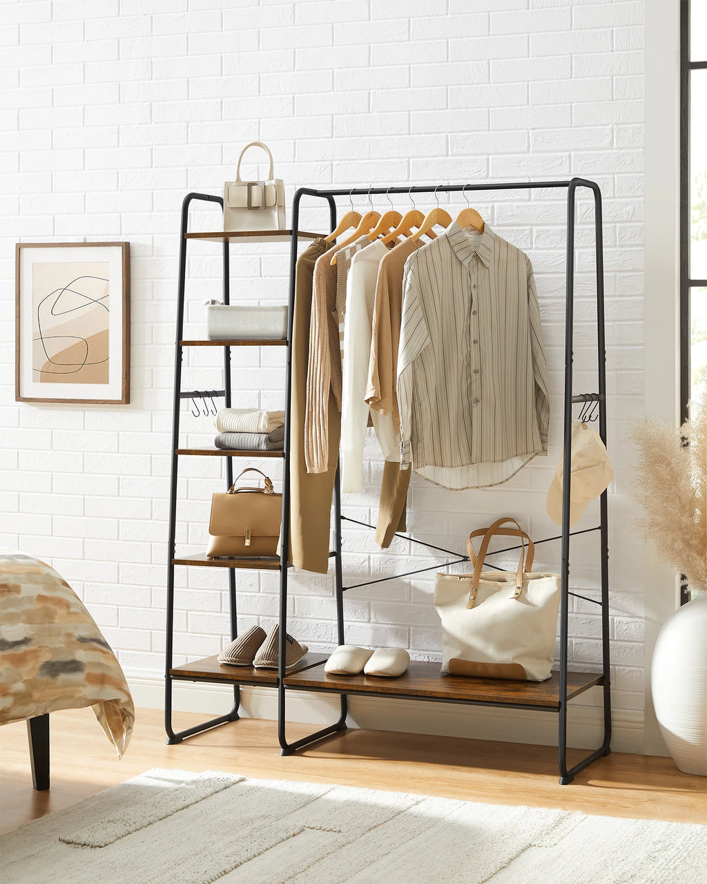 VASAGLE dresses stand, with dresses Rod, shoe shelf, 6 removable hooks