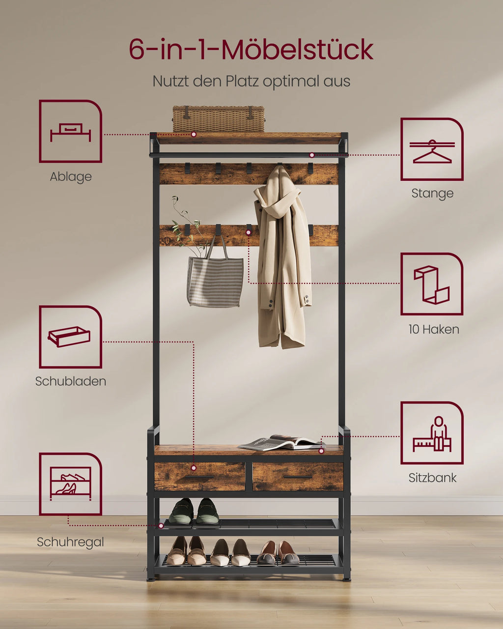 VASAGLE coat rack, Separable Design, coat rack with Shoe Bench