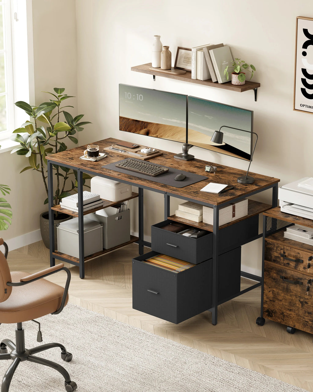 VASAGLE Computer table, office table, desk, with 3 shelves, 2 drawers, 60x140x76 cm, for office