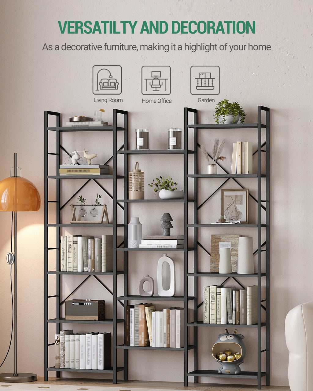 Bookcase, Standing Shelf with 17 Shelves, Adjustable Spacing, Book Shelf with Metal Frame, for Living Room, Bedroom
