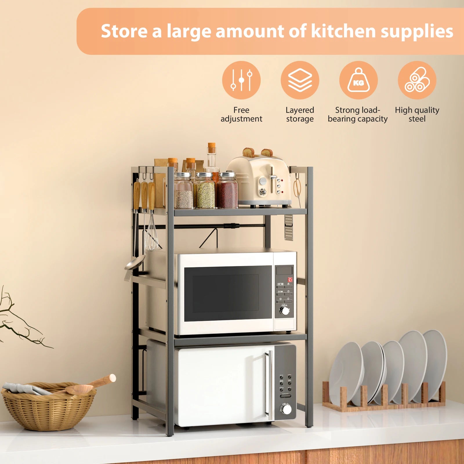Kitchen Storage Rack Metal Condiment Organizer Shelf Expandable Microwave Shelf Height Adjustable