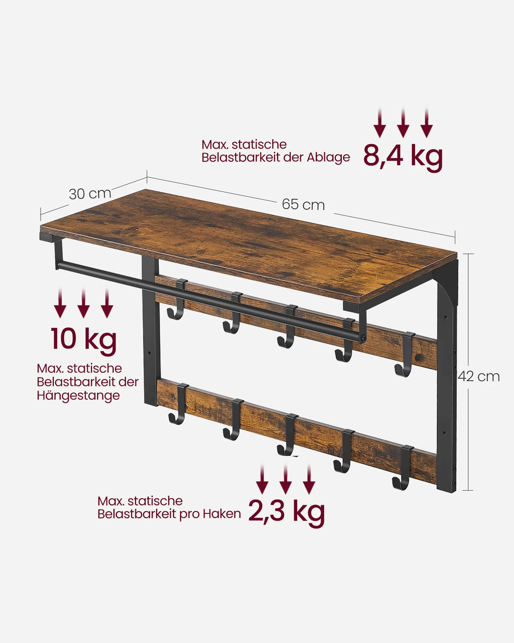 VASAGLE Wall wardrobe with Wall Shelf with 10 Removable Hooks Wall Mounted 2 Cloakroom Lits