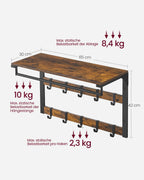 VASAGLE Wall wardrobe with Wall Shelf with 10 Removable Hooks Wall Mounted 2 Cloakroom Lits