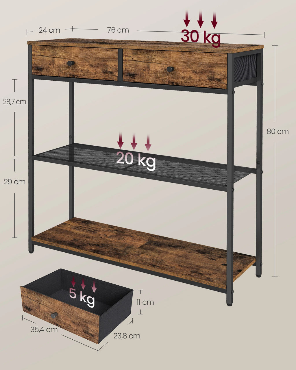 VASAGLE Console table, side table with 2 fabric drawers, hallway table, 24x76x80cm