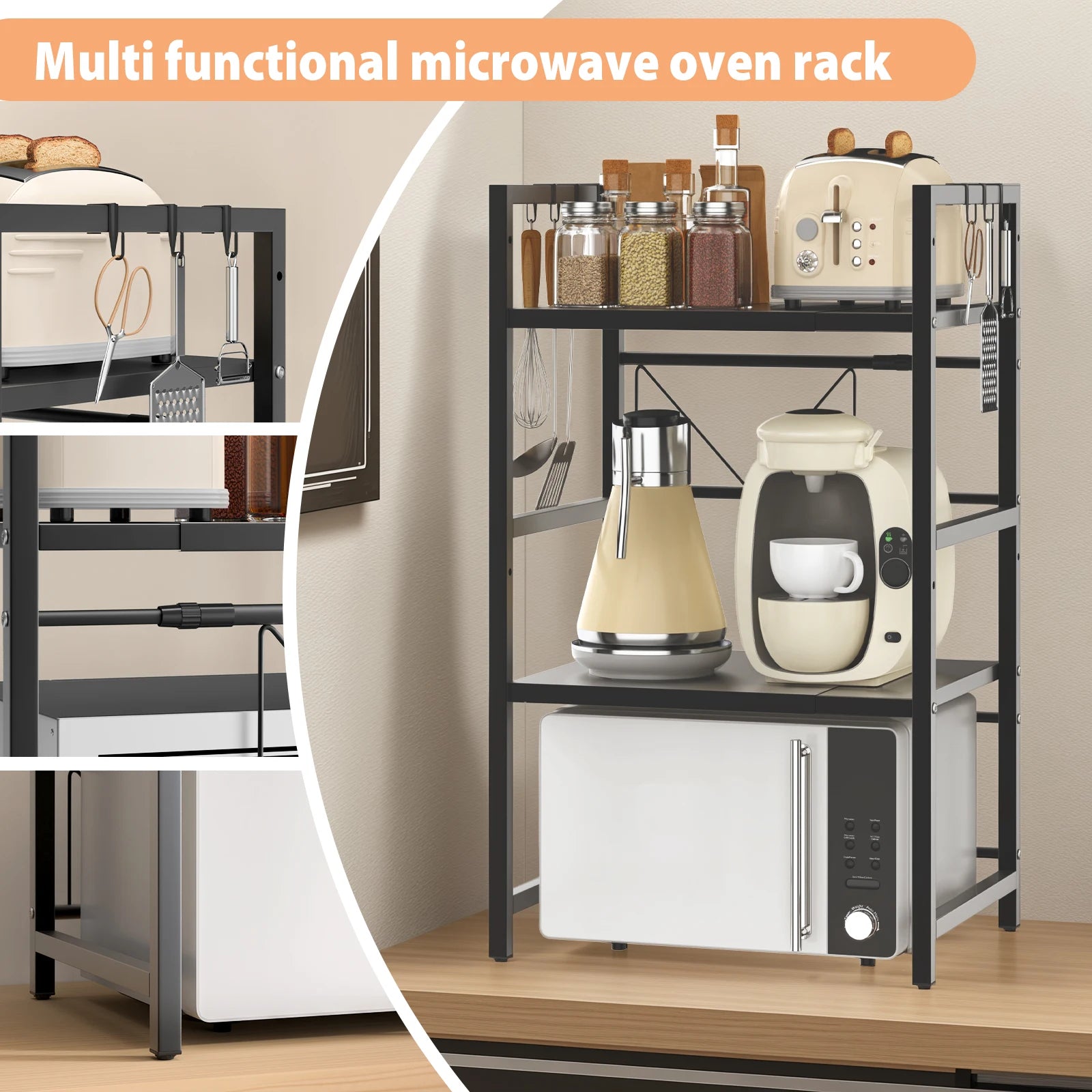 Kitchen Storage Rack Metal Condiment Organizer Shelf Expandable Microwave Shelf Height Adjustable