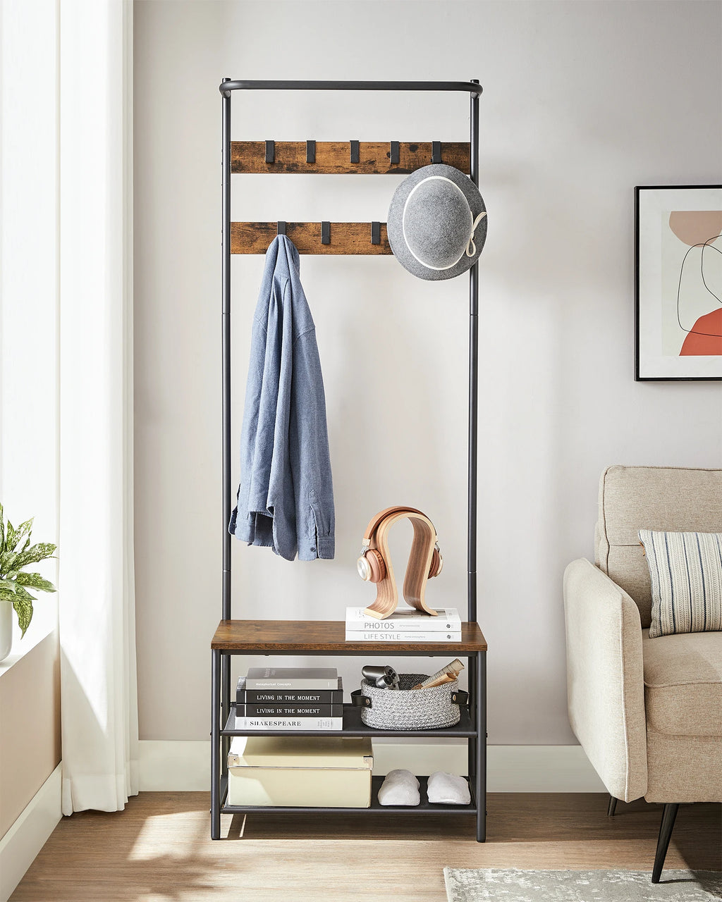 VASAGLE coat rack, wardrobe with shoe bench, dresses stand, dresses Rod, 9 removable hooks, 32.2X64x180 cm