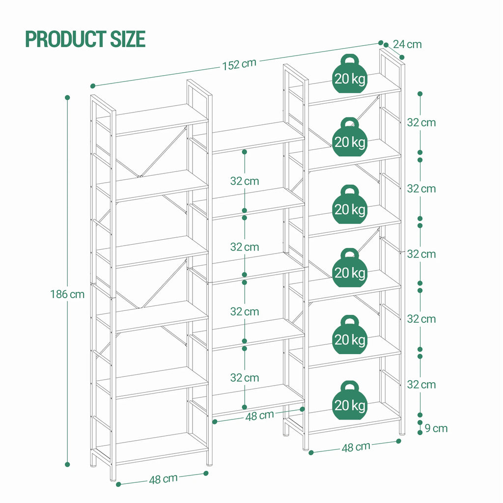 Bookcase, Standing Shelf with 17 Shelves, Adjustable Spacing, Book Shelf with Metal Frame, for Living Room, Bedroom